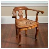 FANCY CARVED BARREL BACK CHAIR  | Open carved heart splat, seat, height, 16 inches - l. 19 x w. 27.5