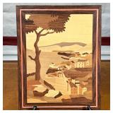 PARQUETRY WOOD ART  | Showing a bayside scene with a tree - w. 9 x h. 11.5 in.