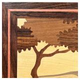 PARQUETRY WOOD ART  | Showing a bayside scene with a tree - w. 9 x h. 11.5 in.