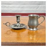 (2pc) PEWTER ITEMS  | Including a chamber stick / candle holder marked "Meriden Conn" and a small mu