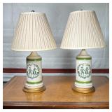 PAIR PAINTED CERAMIC LAMPS  | Ceramic table lamps painted with figures, with gilt highlights and hav