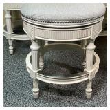 stools, upholstered seats and back rests with decorative silvered tacks on carved white wood frames;