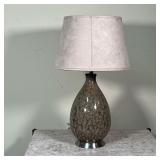 SPOTTED TABLE LAMP  | Glass bulb-form vase with a spotted pattern and a suede fabric shade, on a chr