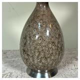 Glass bulb-form vase with a spotted pattern and a suede fabric shade, on a chrome base - h. 26.5 x d