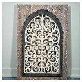 WINDOW WALL HANGING  | Open work carved wood window wall hanging, distressed style - w. 28 x h. 42 i