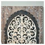 WINDOW WALL HANGING  | Open work carved wood window wall hanging, distressed style - w. 28 x h. 42 i