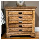 "Reinventions" bedroom line by Thomasville, rustic / industrial style bedside tables having three dr