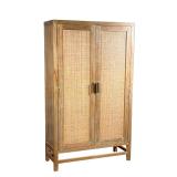 CRATE & BARREL RATTAN CABINET  | "Blake" teak and rattan two-door storage cabinet/cupboard, double d