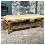 POTTERY BARN LEATHER TOP BENCH  | "Caden" bench with cognac / light yellow leather on a wood frame w