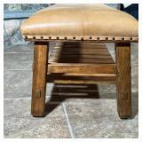 POTTERY BARN LEATHER TOP BENCH  | "Caden" bench with cognac / light yellow leather on a wood frame w