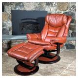(2pc) LANE FURNITURE LEATHER RECLINER  | Chestnut red leather armchair with matching ottoman, of sim