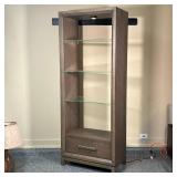 RACHAEL RAY HOME DISPLAY SHELF  | Contemporary style etagere, gray painted wood frame, with glass sh