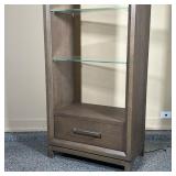  etagere, gray painted wood frame, with glass shelves and a lower drawer, electrified with a display