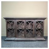 BEAUTIFUL SILVER PAINTED CABINET  | Slim side / hall cabinet with four decorated glass doors before 