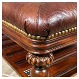 THOMASVILLE LEATHER COFFEE TABLE  | Brown leather padded top with brass tacks, on carved wood legs w
