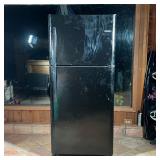 BLACK FRIGIDAIRE REFRIGERATOR  | Fridge and freezer combo, freezer on top, black exterior, model JD-