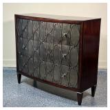 chest of drawers, having a bow front with three full-width silver patterned drawers on a mahogany ca