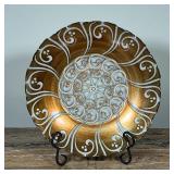 GOLD DECORATIVE CHARGER  | On a scrollwork metal stand - dia. 15.5 in.