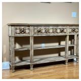 HOOKER FURNITURE CONSOLE TABLE  | Metallic scrollwork design on a rustic distressed painted wood fra