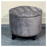 SAFAVIEH STORAGE OTTOMAN  | Tufted grey velvet foot stool, the top lifts off to reveal a storage com