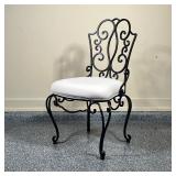 wrought iron table / desk with a beveled glass top, plus a matching chair with upholstered white sea
