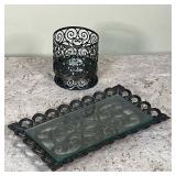 (2pc) CANDLE HOLDER & TRAY  | Including a scrollwork candle holder and an iron scrollwork tray with 