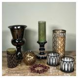 (7pc) CANDLE DECOR  | Including votive holders, two with glass inserts appear one unscented candle w