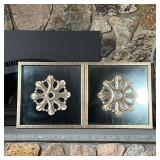 (2pc) PAIR DECORATIVE MIRRORS  | With silvered patterned plaques in frames - w. 20 x h. 20 in.