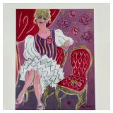 EVELYN ROTHSTEIN MIXED MEDIA  |  Mixed media on paper showing a seated woman in a purple room, signe