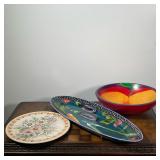 (3pc) SERVING DISHES  |  Including a hand painted wood bowl signed Esther Cassie on the bottom and d