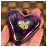 (3pc) ROBERT HELD ART GLASS  |  Small iridescent art glass hearts, each signed on the bottom - l. 2.