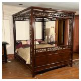 OPIUM BED |  Fancy canopy bed with ornately carved and nicely figured wood frame, fits queen-size ma