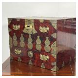 CHINESE JEWELRY CHEST  |  Nicely figured red/dark wood with brass hardware, including bat form pull 