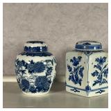 (2pc) LIDDED JARS  |  Blue and white porcelain jars of small size, including a square Delft jar sign