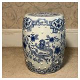 CHINESE GARDEN SEAT  |  Blue decoration on a white ground, with dragon, phoenix, and flowers, with a