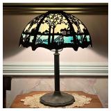 SLAG GLASS TABLE LAMP  |  Formed brass or other metal over a milky blue / white glass shade with a r