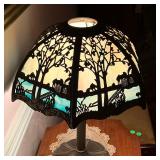 glass shade with a repeating chinoiserie pattern of a landscape scene - h. 20.5 x dia. 16 in.