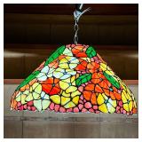MONUMENTAL STAINED GLASS SHADE  |  Colorfully decorated patterned stained glass hanging shade with y