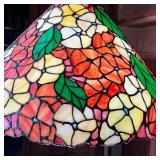 stained glass hanging shade with yellow, purple, and red/orange flowers among green leaves - h. 13.2
