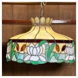 STAINED GLASS FIXTURE  |  Stained glass ceiling light shade with pattern of white lotus flowers and 
