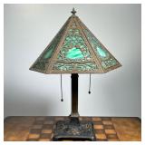 SLAG GLASS DESK LAMP  |  Having six panels with pressed tin overlay on an iron and brass base - l. 1