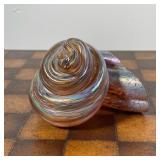 ART GLASS SHELL PAPERWEIGHT  |  Iridescent art glass, signed indistinctly on the bottom and dated 19