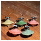 Murano glass lighting fixtures, including two green, two red, and one yellow ceiling light - h. 7.5 