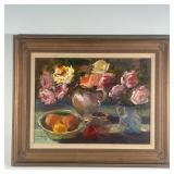D. BROADHEAD PAINTING  |  Floral still life with fruit Oil on masonite Signed lower right 24 x 18 in