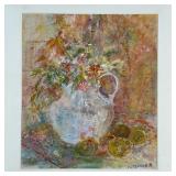 STILL-LIFE PAINTING  |  Flowers and fruit Mixed media on paper Signed lower right "Alesandra" Nicely