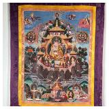 THANGKA PAINTING  |  Tibetan style Thangka painting on cloth showing many figures in a landscape, wi