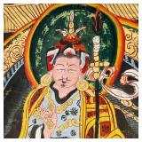 Thangka with figures in a landscape, with gold, yellow, and purple embroidered silk surrounds; paint