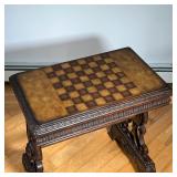 FANCY GAMES TABLE  |  Ornately carved wooden games table with chessboard top - l. 28 x w. 18.5 x h. 