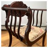 ANTIQUE ARM CHAIR  |  Carved reserve, needlepoint seat - l. 19 x w. 25 x h. 35 in.