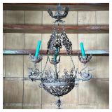 CAST METAL CHANDELIER  |  Large three-arm candle chandelier with intricate scrollwork and bird devic